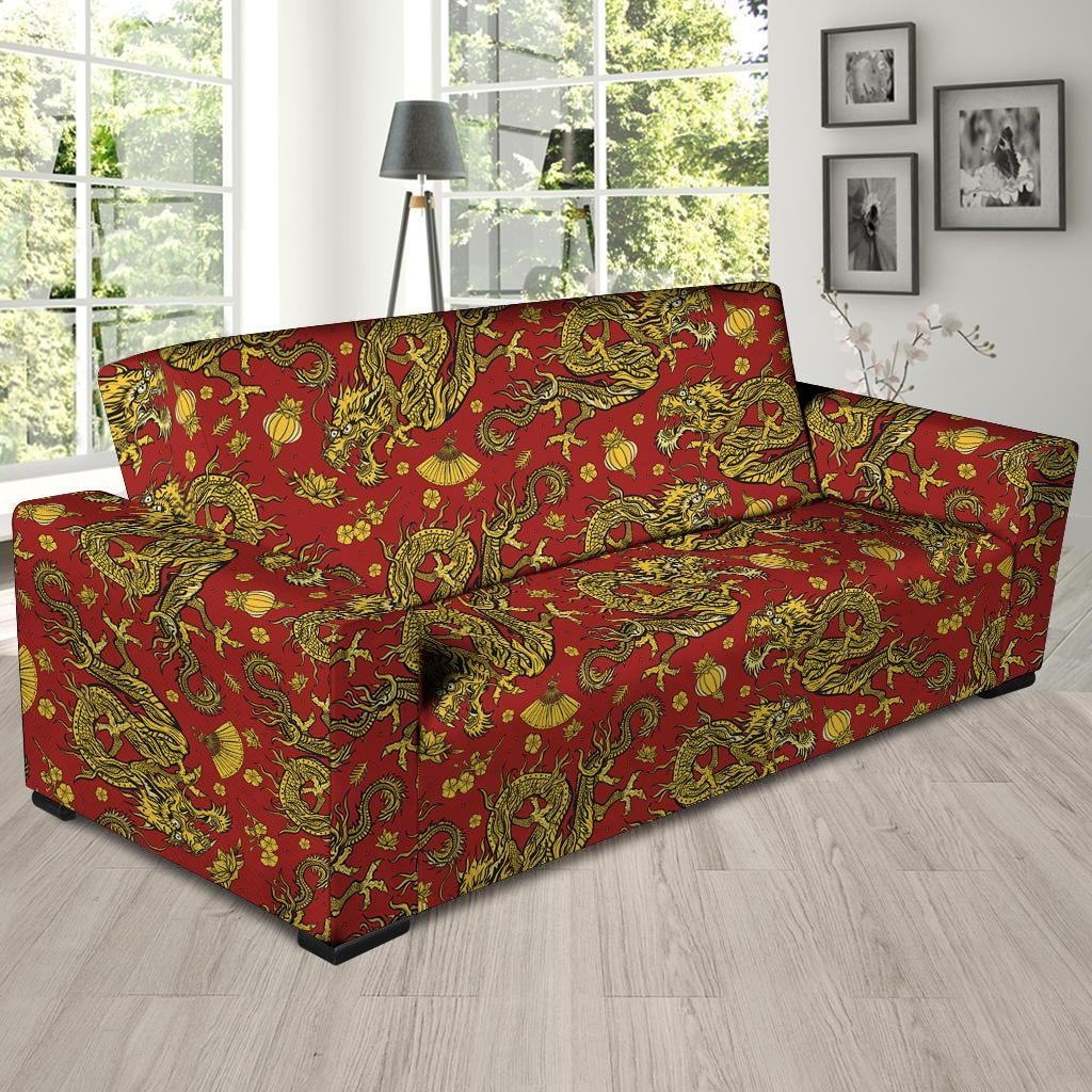 Golden Chinese Dragon Floral Print Sofa Cover-grizzshop