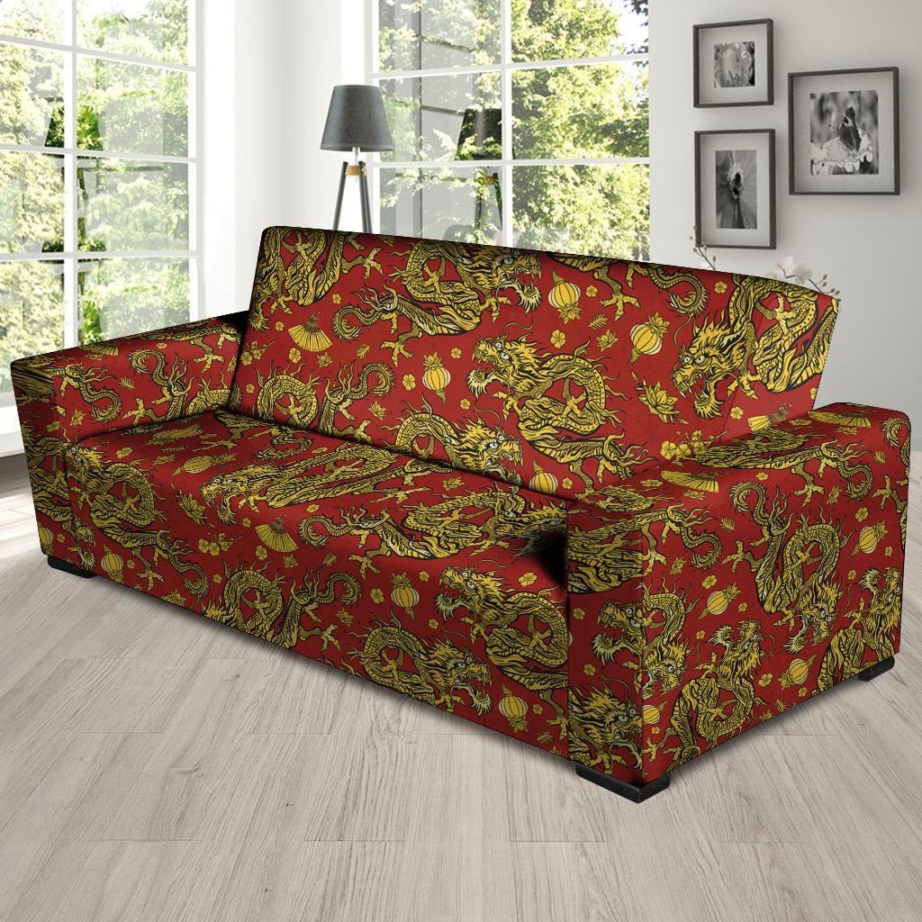 Golden Chinese Dragon Floral Print Sofa Cover-grizzshop