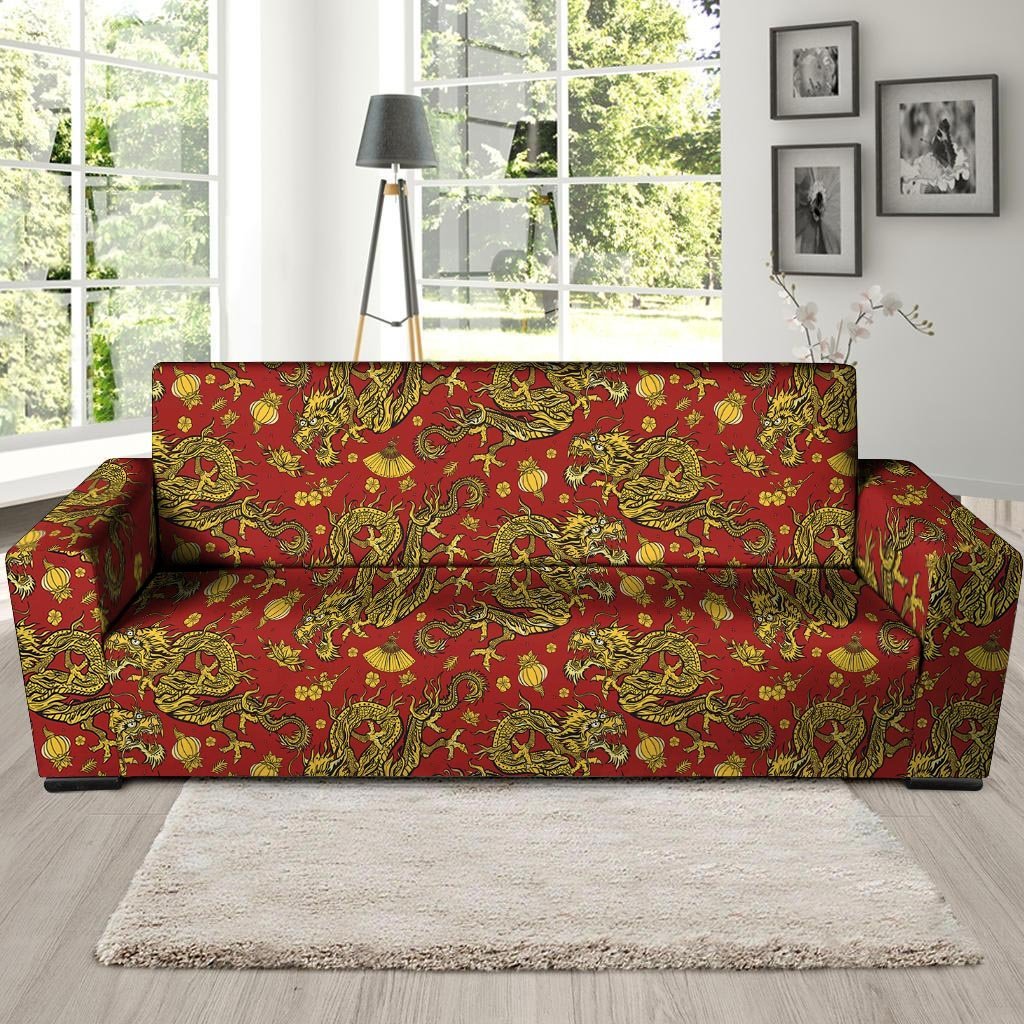 Golden Chinese Dragon Floral Print Sofa Cover-grizzshop