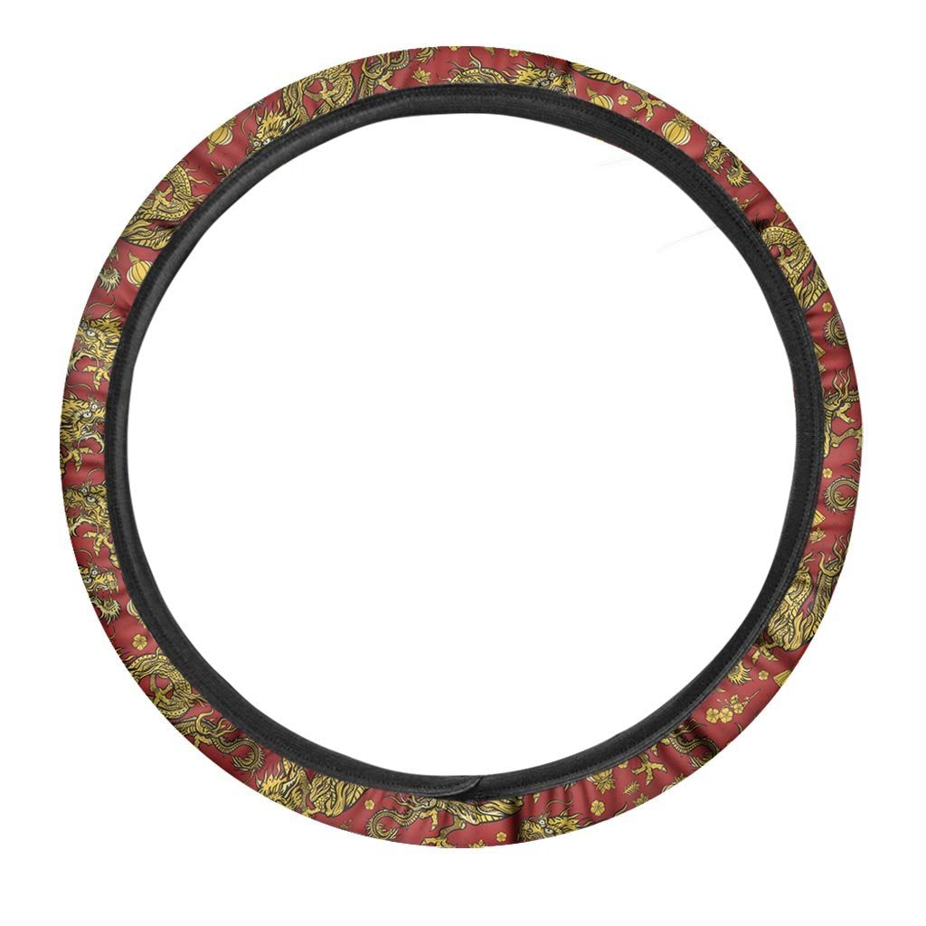 Golden Chinese Dragon Floral Print Steering Wheel Cover-grizzshop