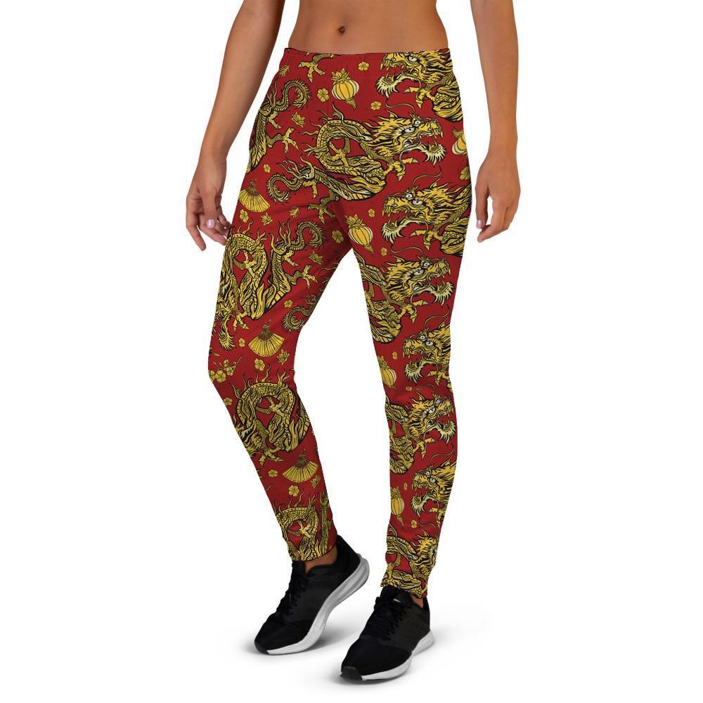 Golden Chinese Dragon Floral Print Women's Joggers-grizzshop