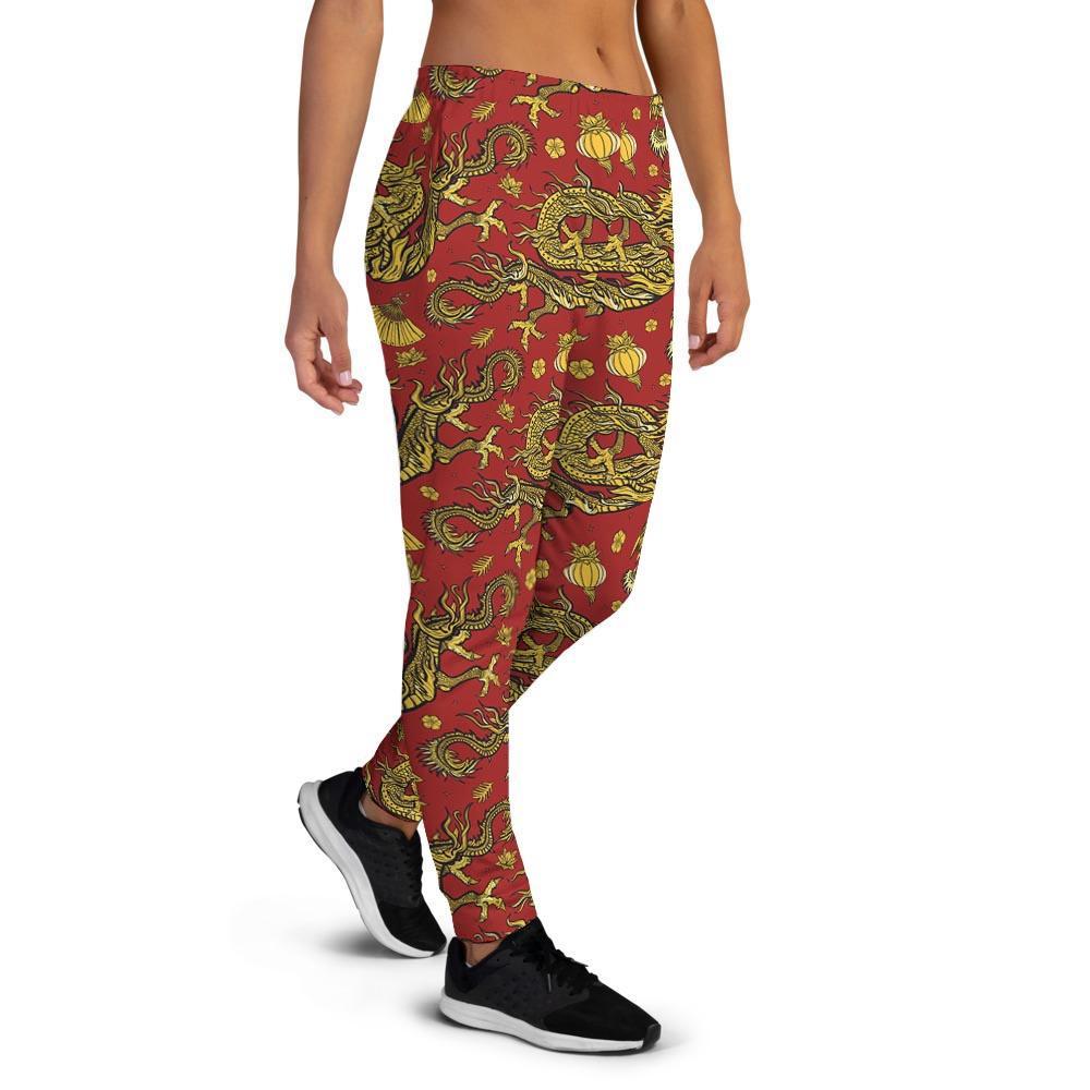 Golden Chinese Dragon Floral Print Women's Joggers-grizzshop