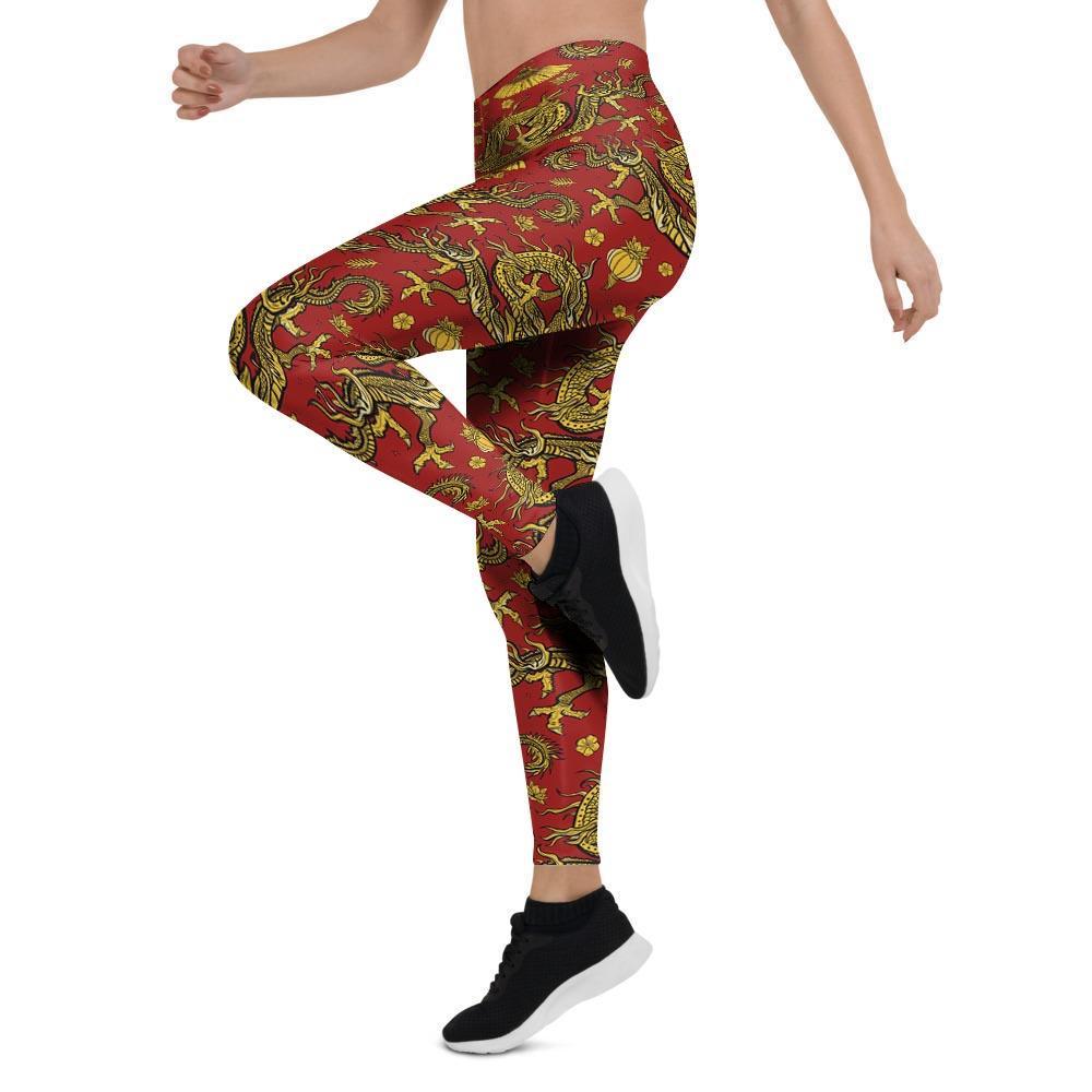 Golden Chinese Dragon Floral Print Women's Leggings-grizzshop