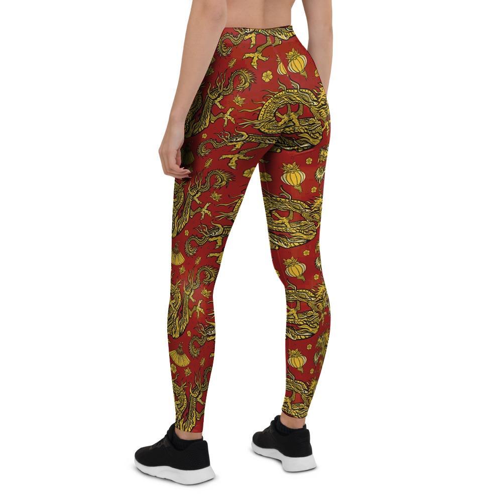 Golden Chinese Dragon Floral Print Women's Leggings-grizzshop