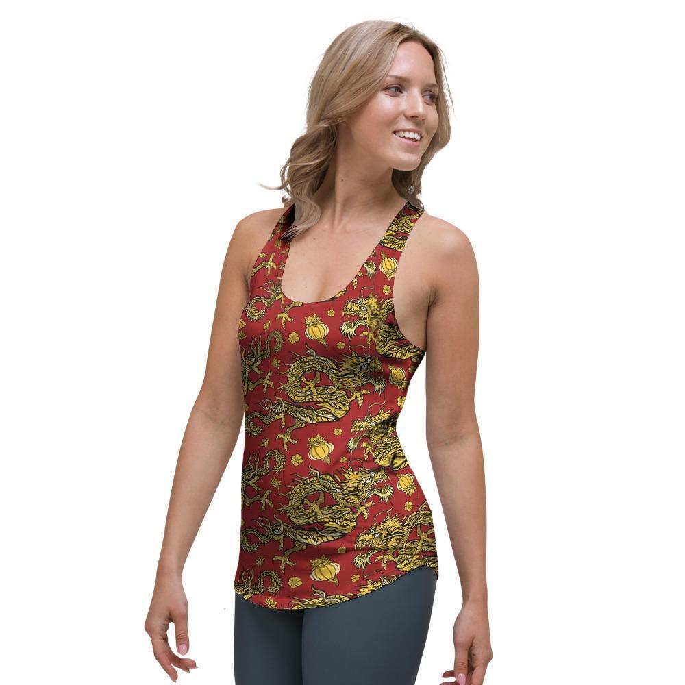 Golden Chinese Dragon Floral Print Women's Racerback Tank Top-grizzshop