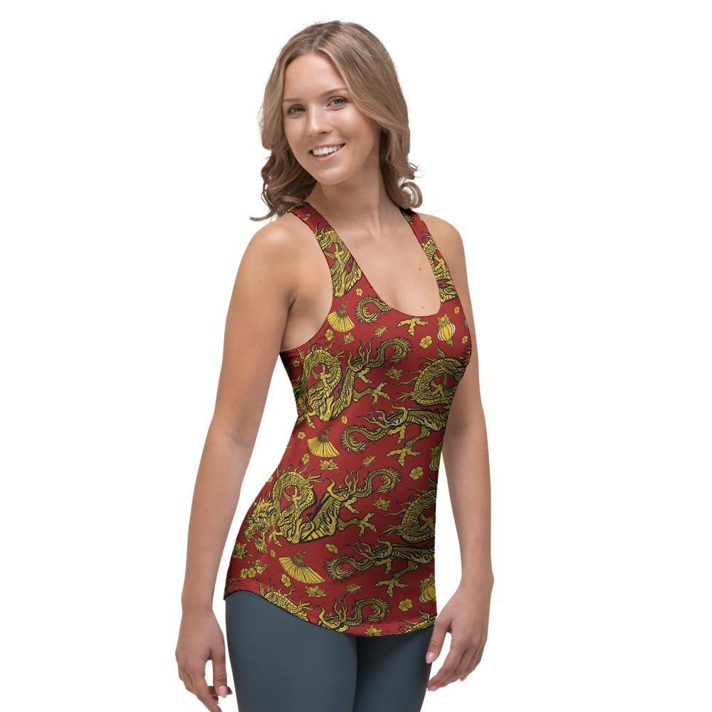 Golden Chinese Dragon Floral Print Women's Racerback Tank Top-grizzshop