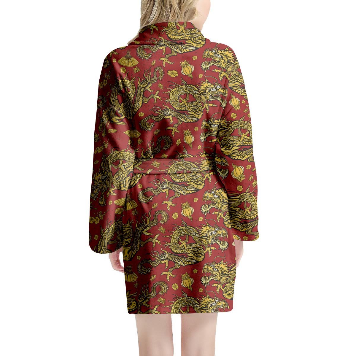 Golden Chinese Dragon Floral Print Women's Robe-grizzshop
