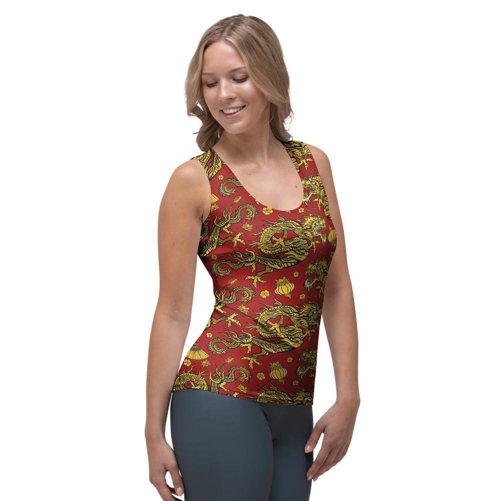 Golden Chinese Dragon Floral Print Women's Tank Top-grizzshop