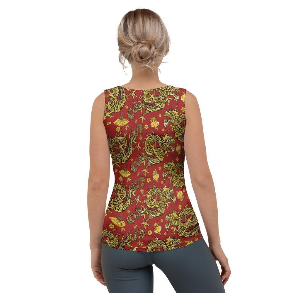 Golden Chinese Dragon Floral Print Women's Tank Top-grizzshop