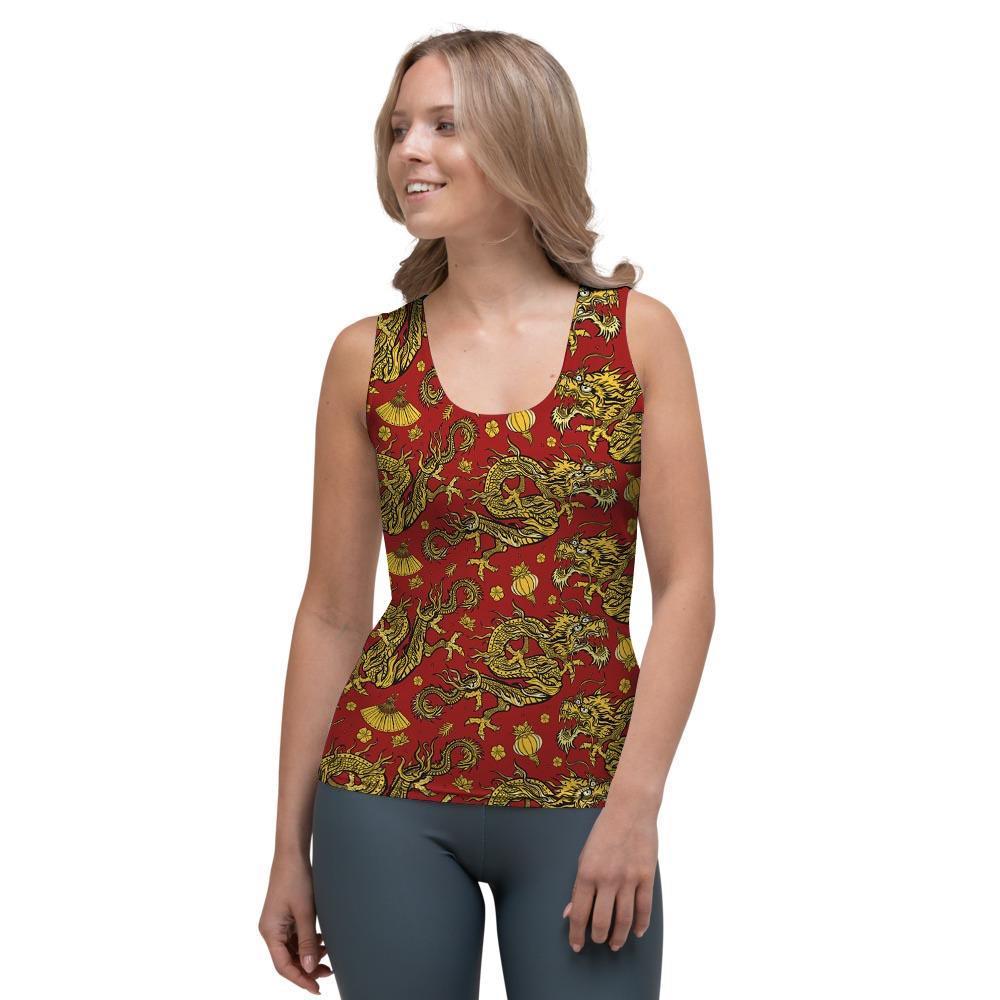 Golden Chinese Dragon Floral Print Women's Tank Top-grizzshop
