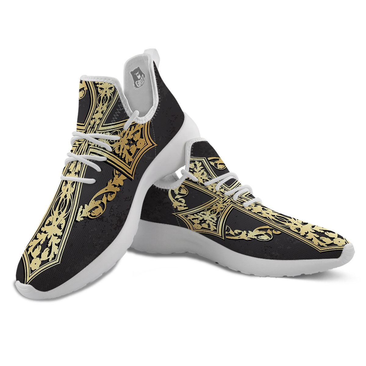 Golden Cross Ornamental Print White Athletic Shoes-grizzshop