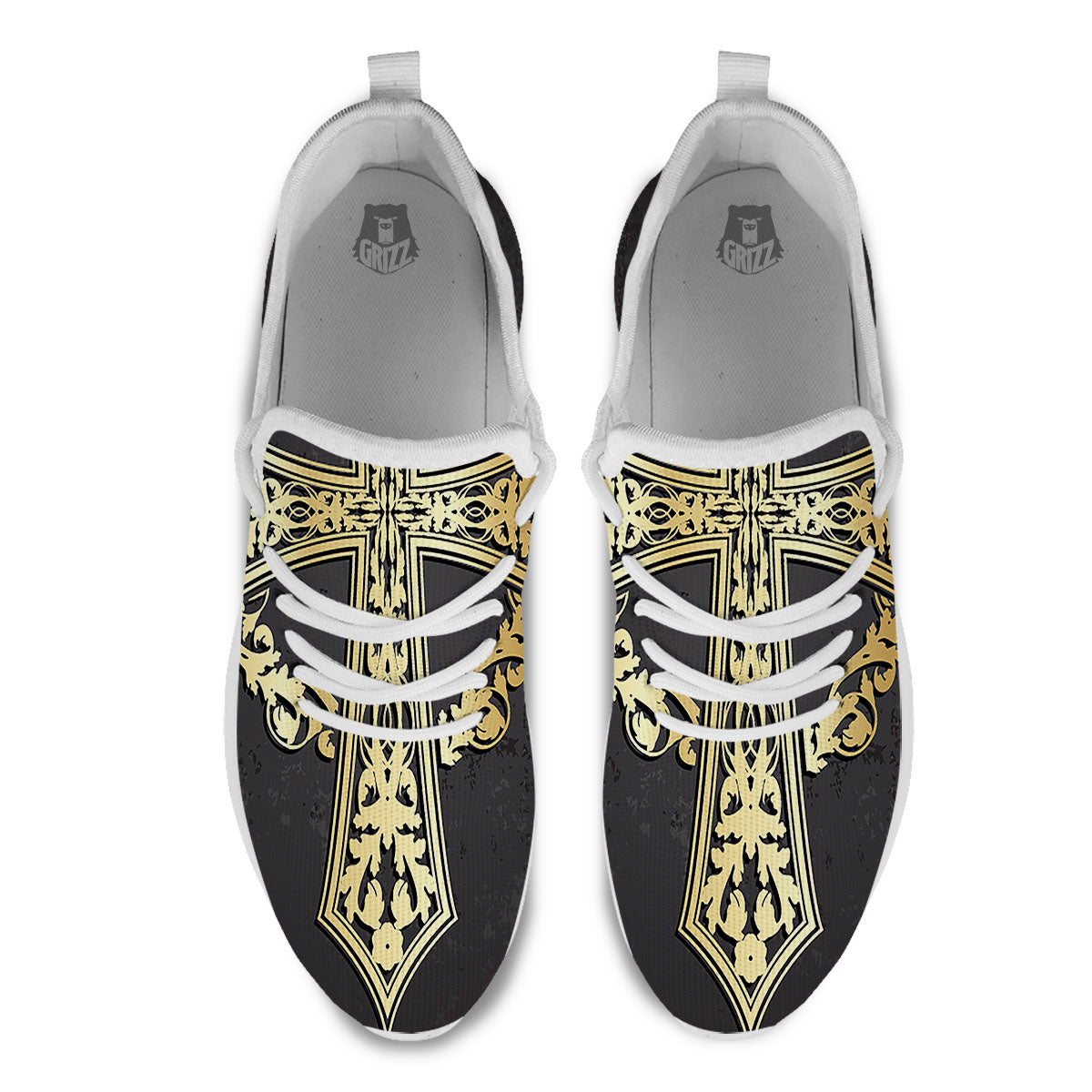 Golden Cross Ornamental Print White Athletic Shoes-grizzshop