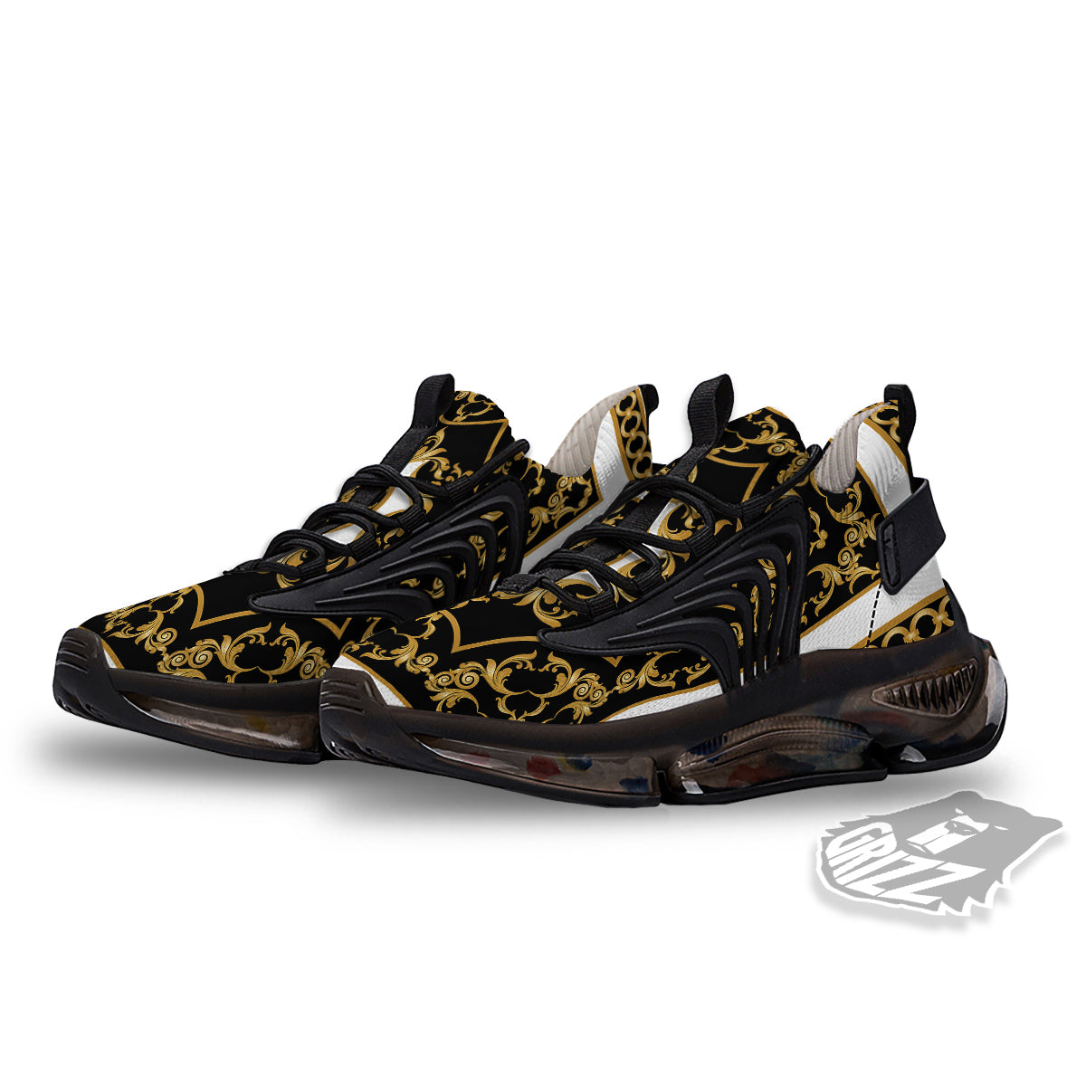 Golden Floral Baroque Black White Print Black Gym Shoes-grizzshop