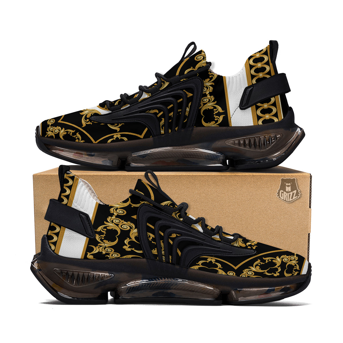 Golden Floral Baroque Black White Print Black Gym Shoes-grizzshop