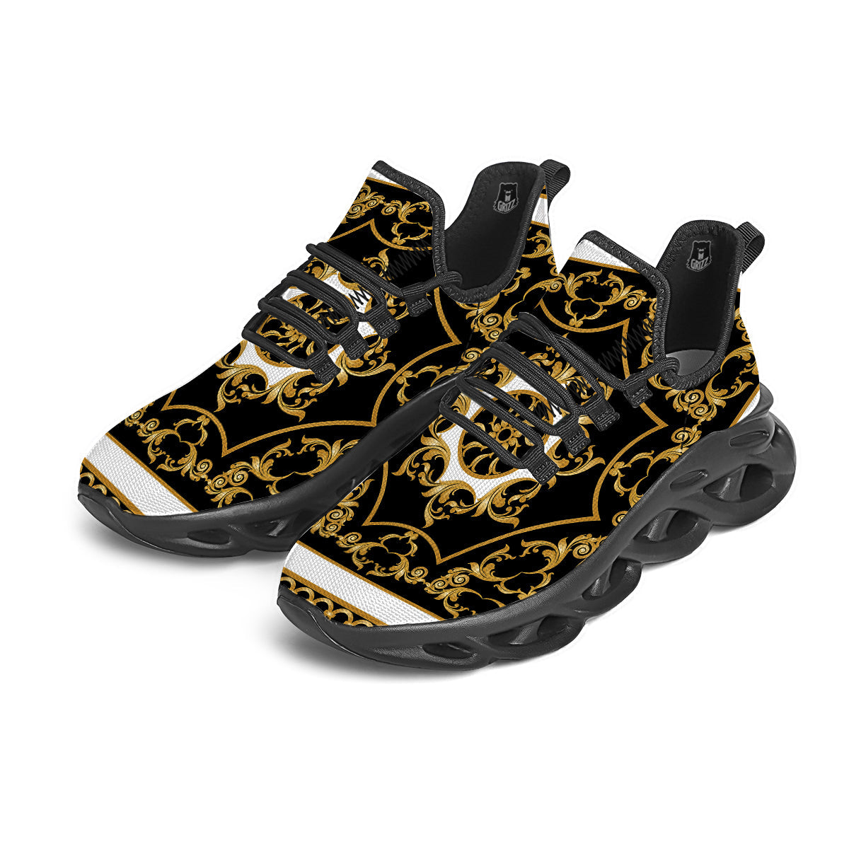 Golden Floral Baroque Black White Print Black Running Shoes-grizzshop