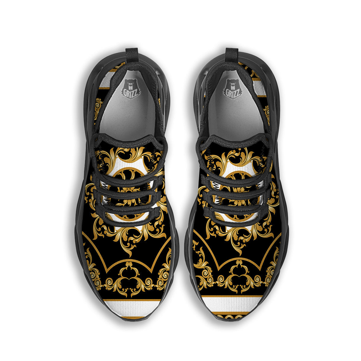 Golden Floral Baroque Black White Print Black Running Shoes-grizzshop