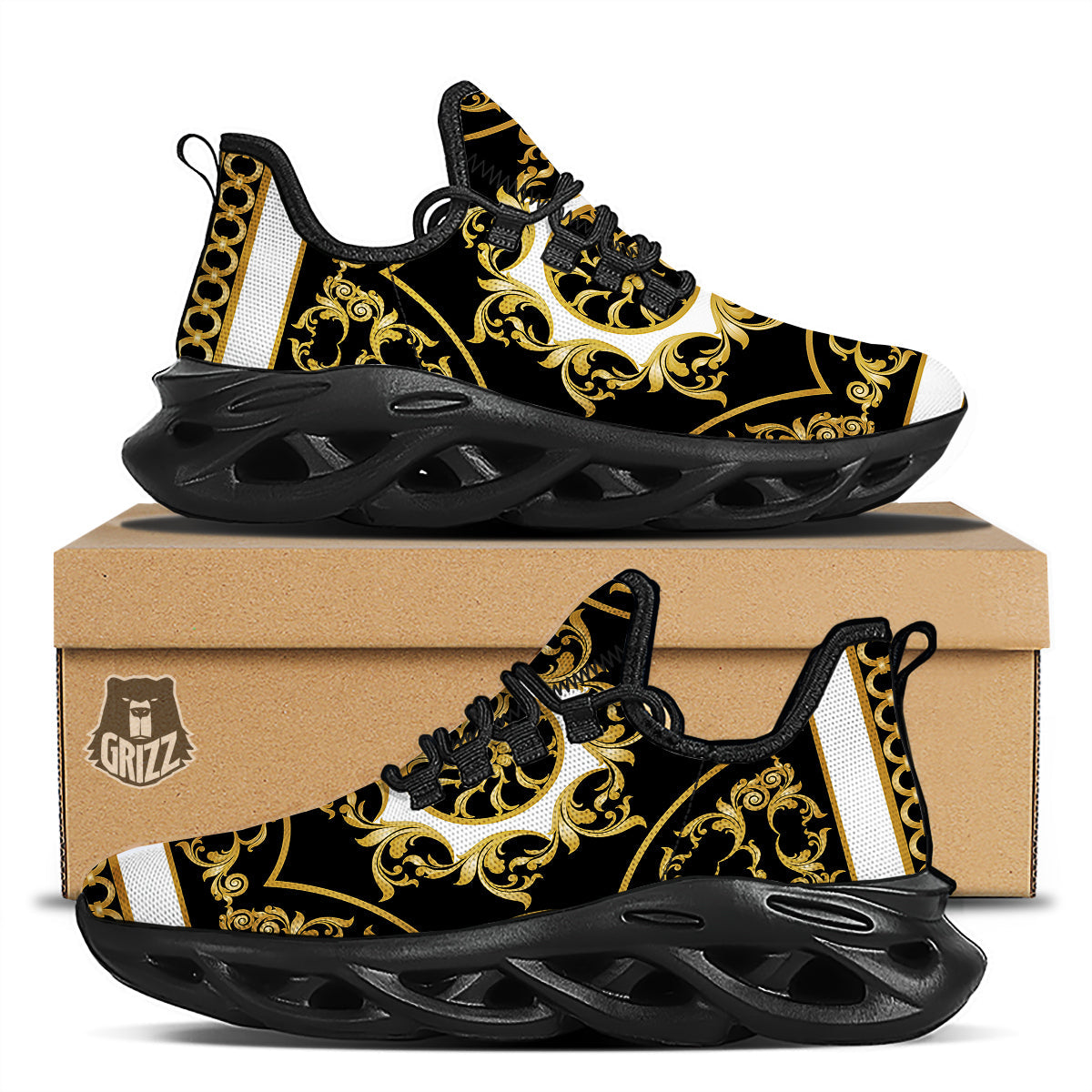 Golden Floral Baroque Black White Print Black Running Shoes-grizzshop