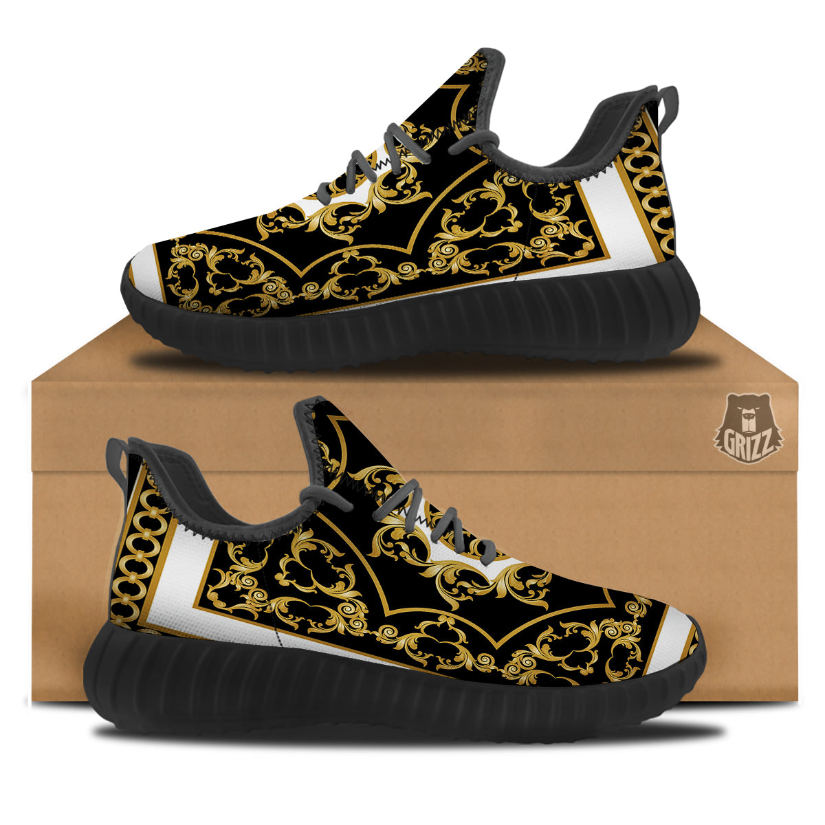 Golden Floral Baroque Black White Print Black Walking Shoes-grizzshop