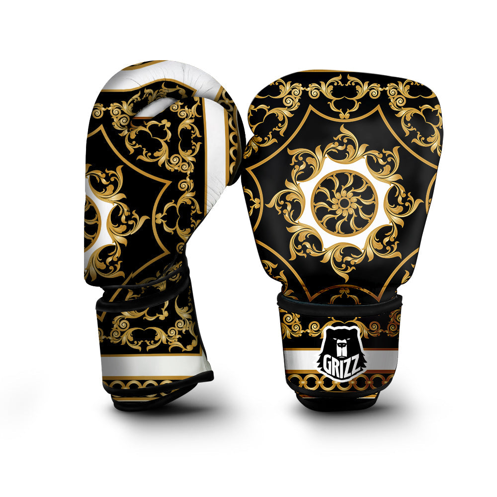 Golden Floral Baroque Black White Print Boxing Gloves-grizzshop