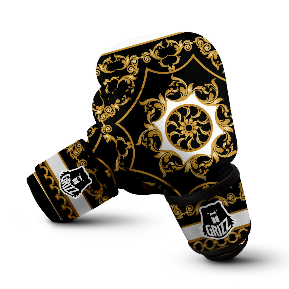 Golden Floral Baroque Black White Print Boxing Gloves-grizzshop