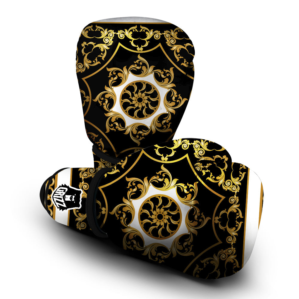 Golden Floral Baroque Black White Print Boxing Gloves-grizzshop