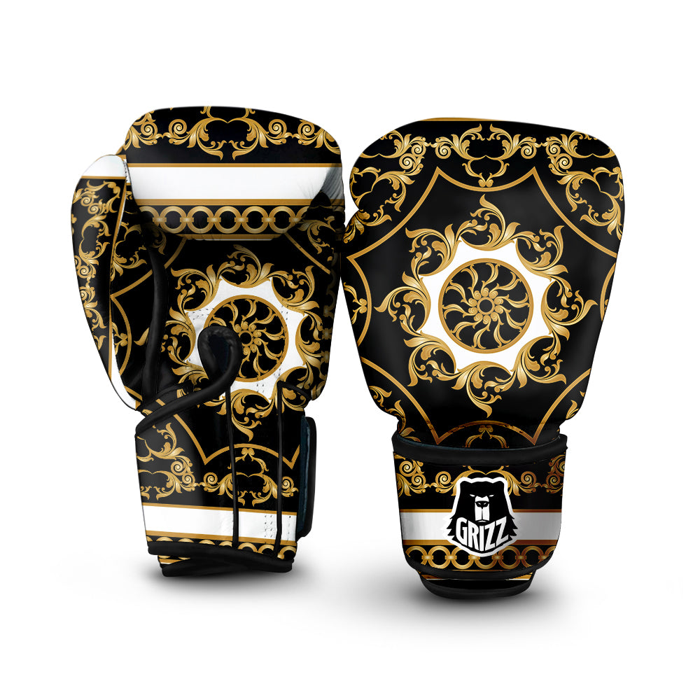 Golden Floral Baroque Black White Print Boxing Gloves-grizzshop
