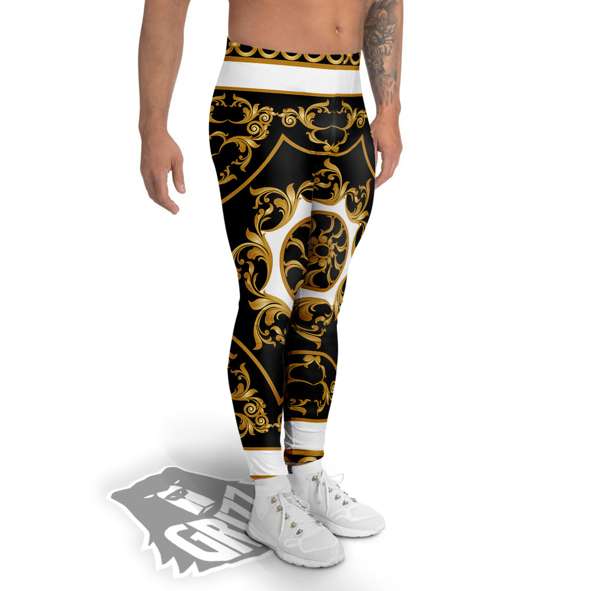 Golden Floral Baroque Black White Print Men's Leggings-grizzshop