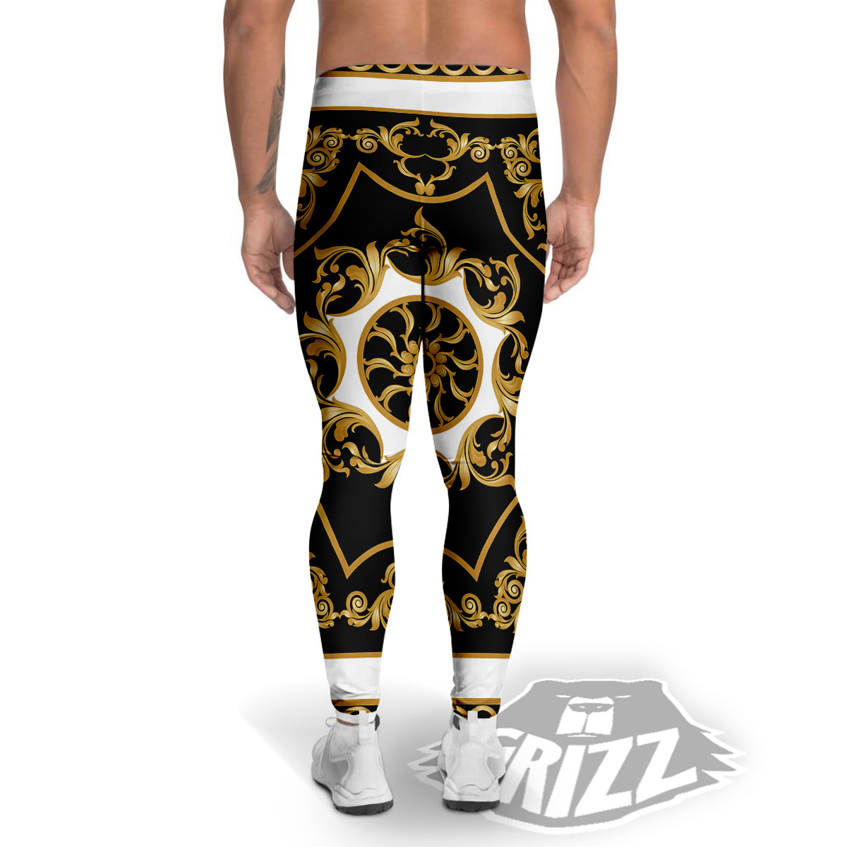 Golden Floral Baroque Black White Print Men's Leggings-grizzshop