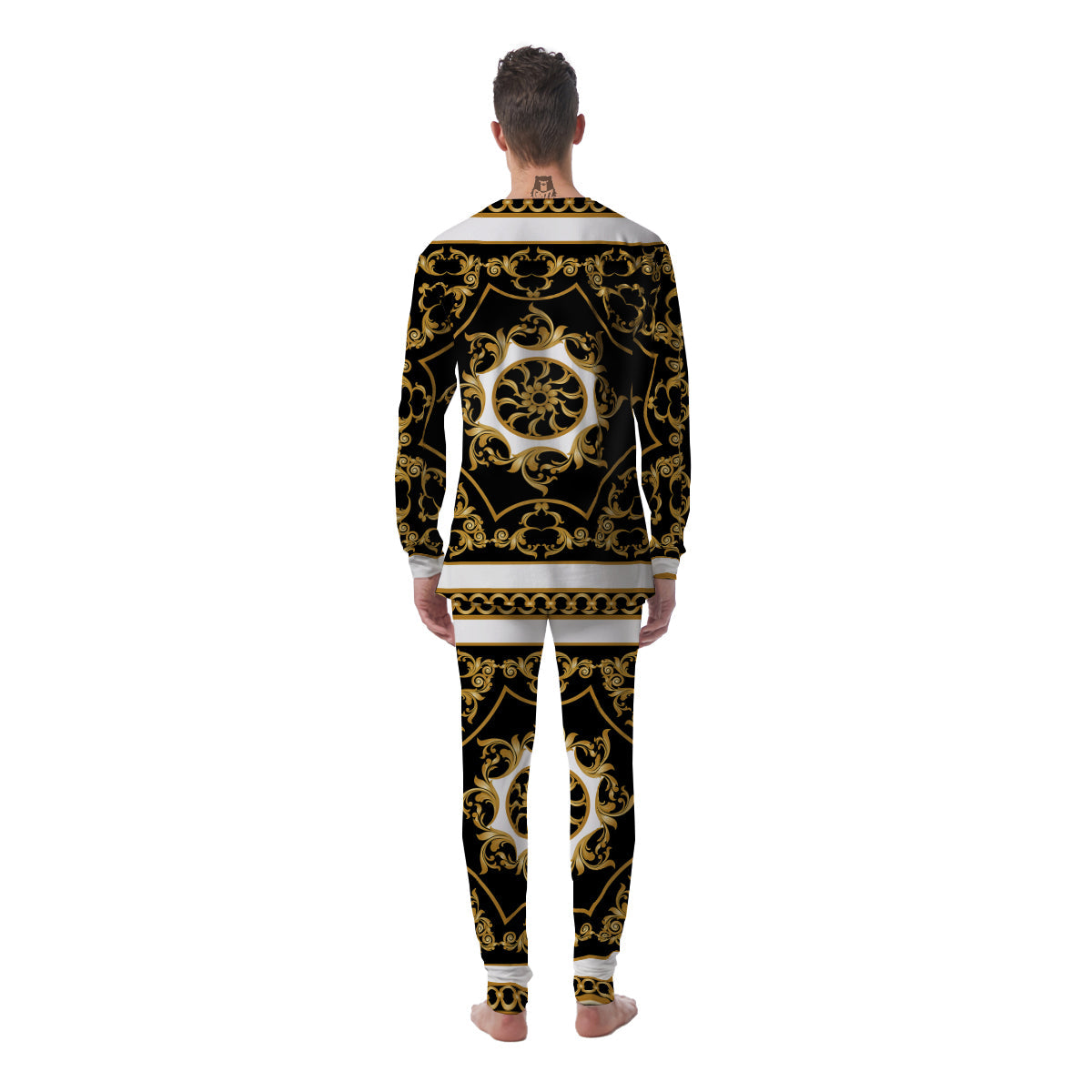 Golden Floral Baroque Black White Print Men's Pajamas-grizzshop