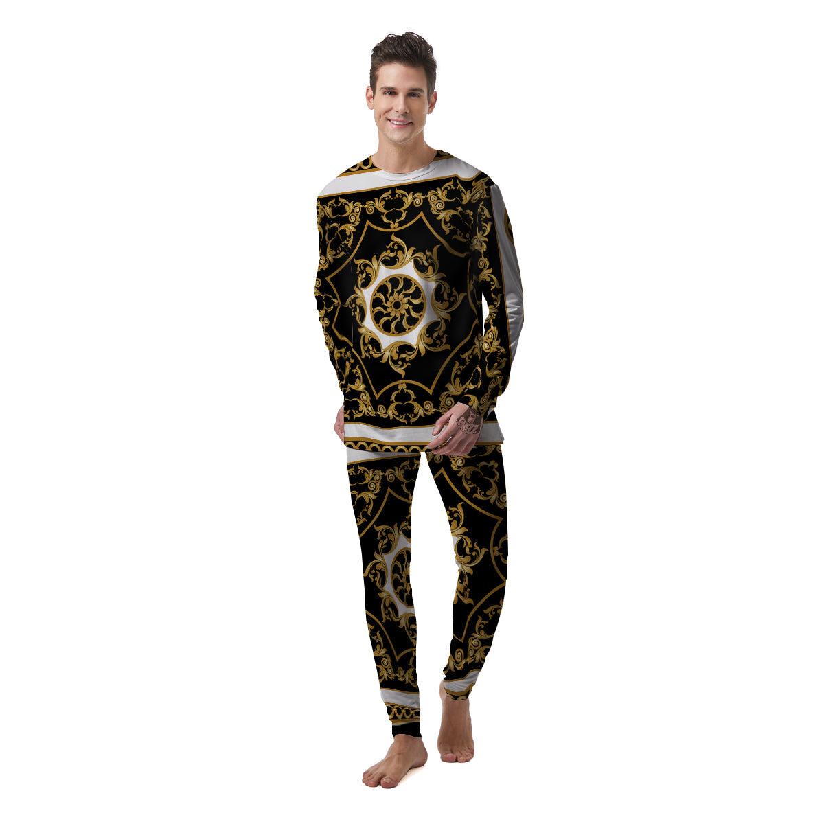 Golden Floral Baroque Black White Print Men's Pajamas-grizzshop