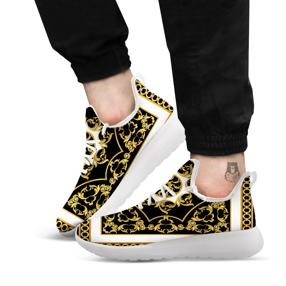 Golden Floral Baroque Black White Print White Athletic Shoes-grizzshop
