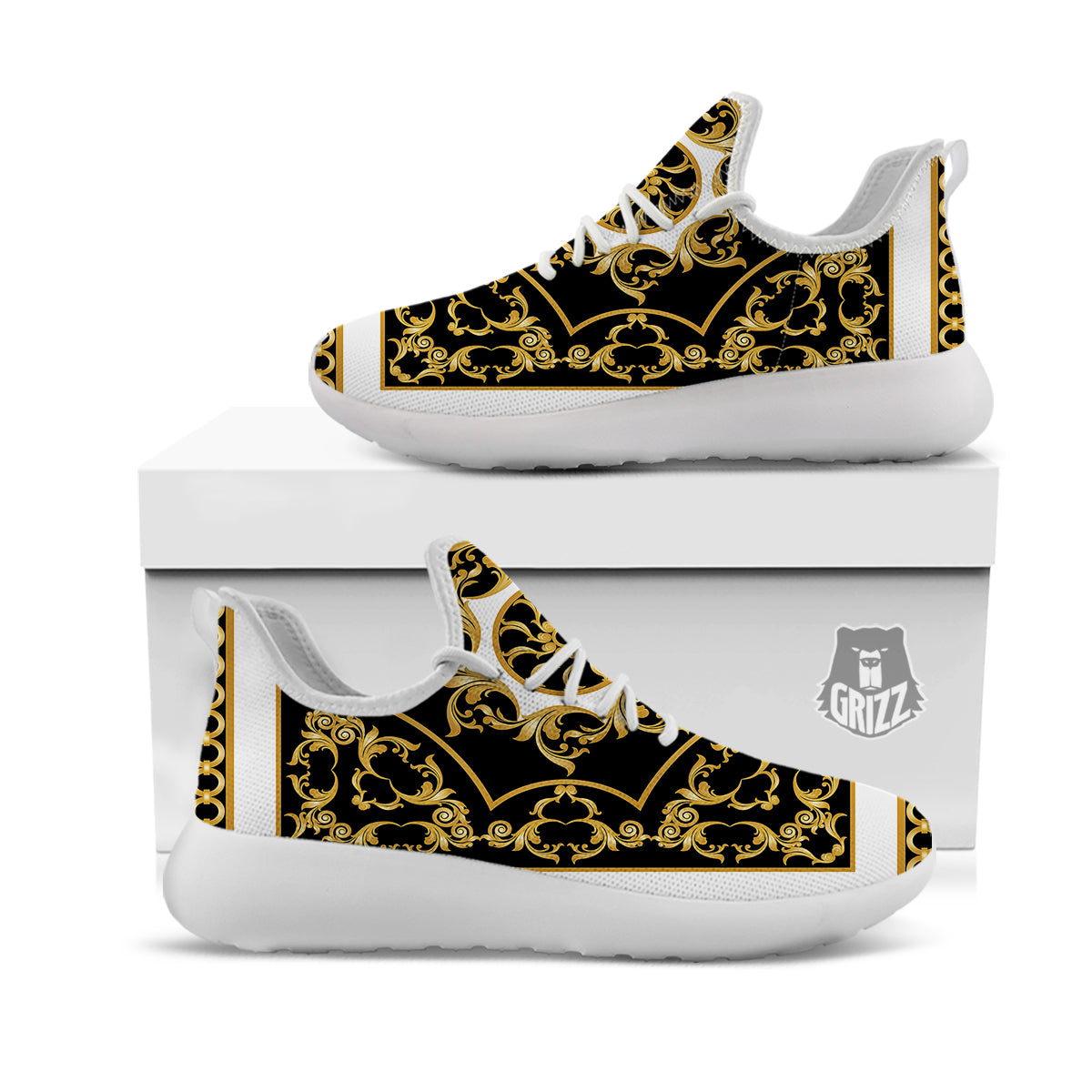 Golden Floral Baroque Black White Print White Athletic Shoes-grizzshop