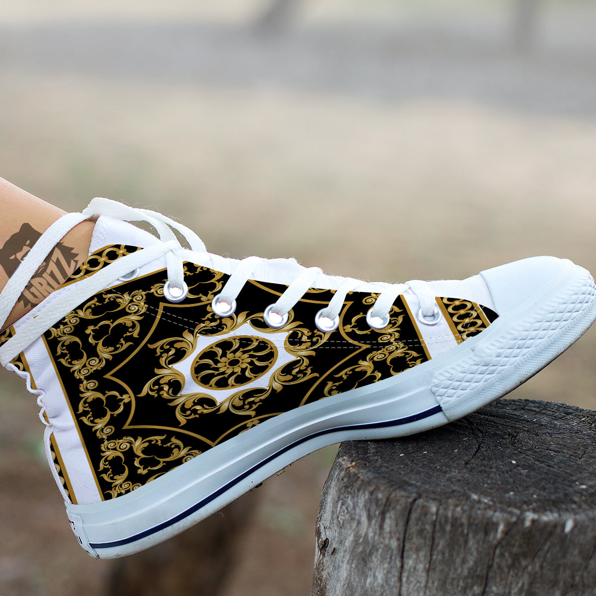 Golden Floral Baroque Black White Print White High Top Shoes-grizzshop