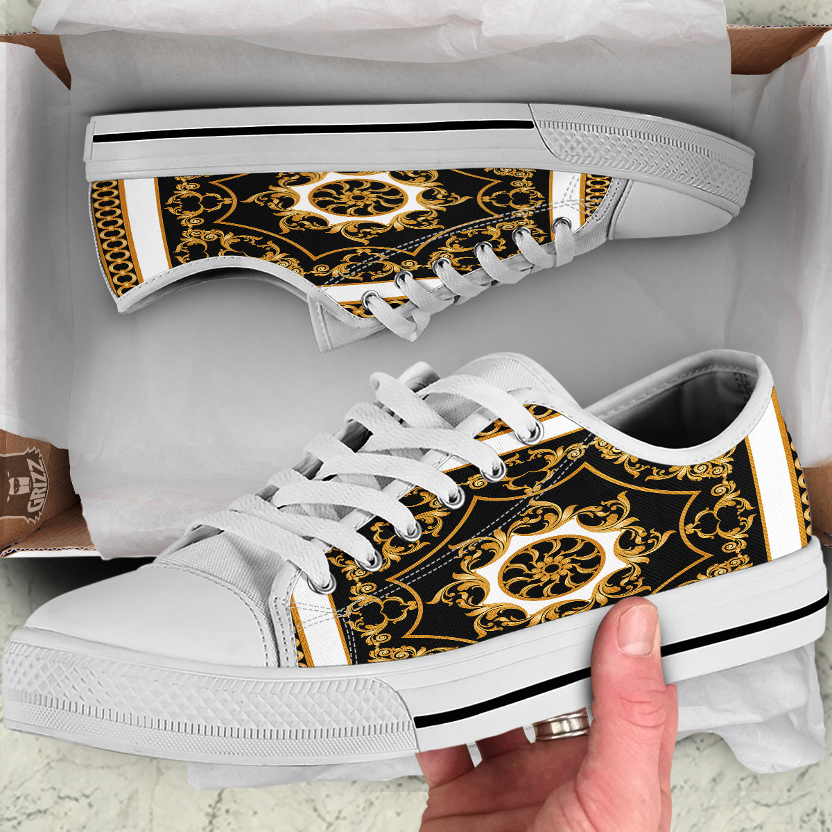 Golden Floral Baroque Black White Print White Low Top Shoes-grizzshop