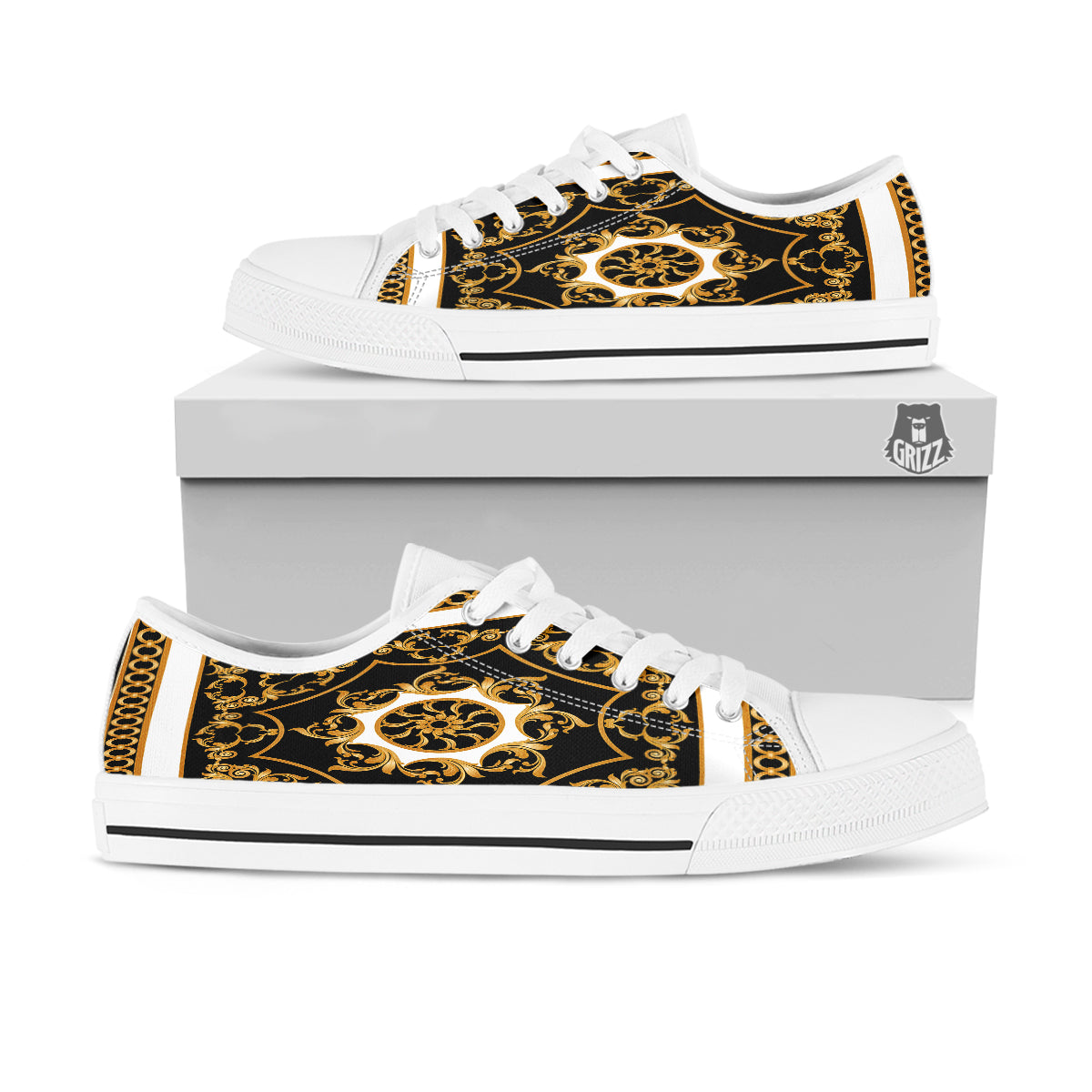 Golden Floral Baroque Black White Print White Low Top Shoes-grizzshop