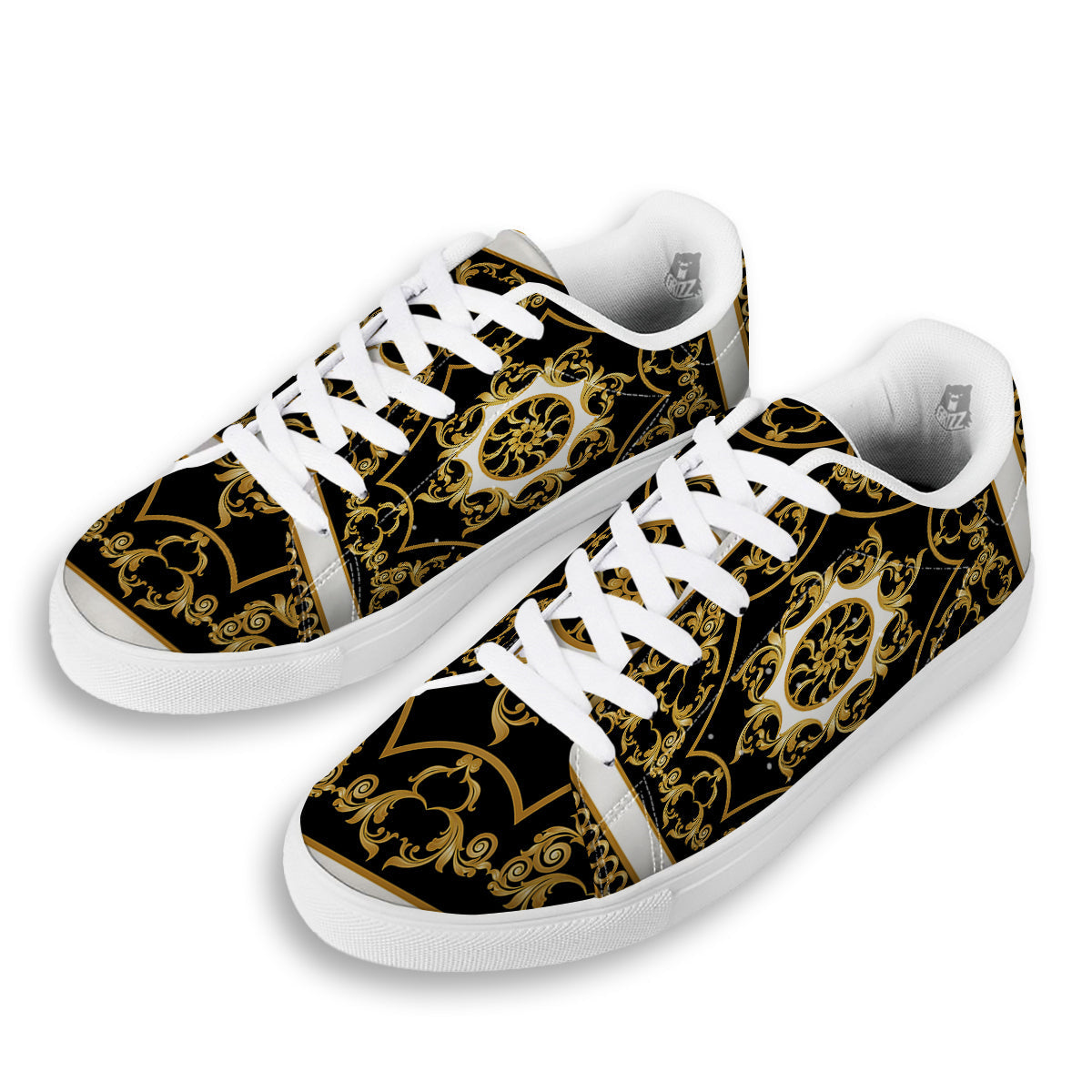 Golden Floral Baroque Black White Print White Low Top Sneakers-grizzshop