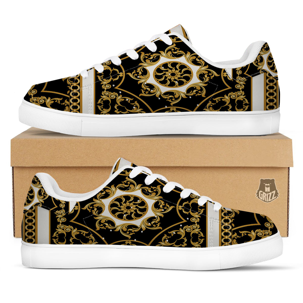Golden Floral Baroque Black White Print White Low Top Sneakers-grizzshop