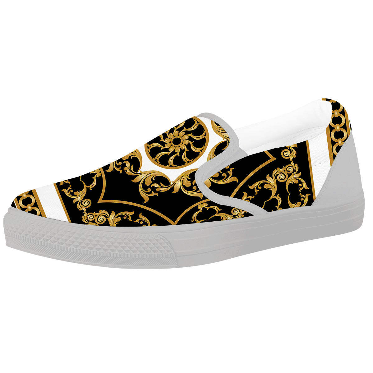 Golden Floral Baroque Black White Print White Slip On Shoes-grizzshop