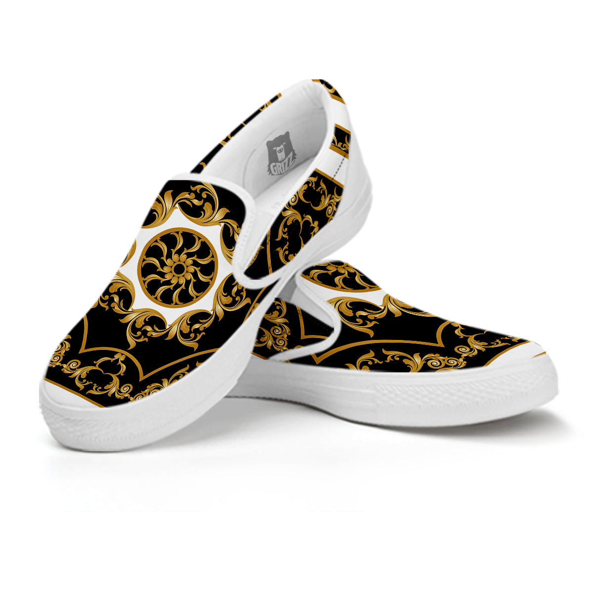 Golden Floral Baroque Black White Print White Slip On Shoes-grizzshop