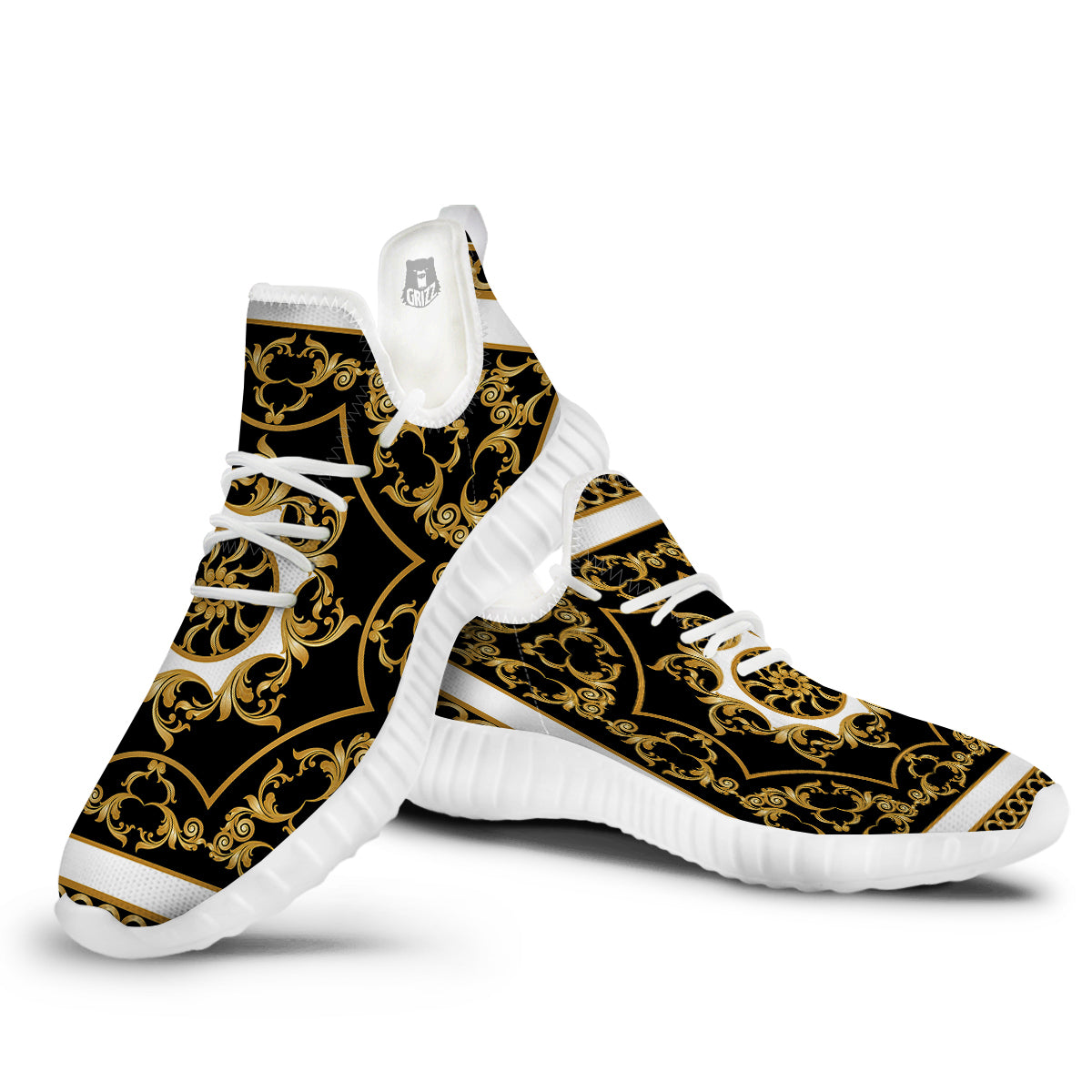 Golden Floral Baroque Black White Print White Walking Shoes-grizzshop