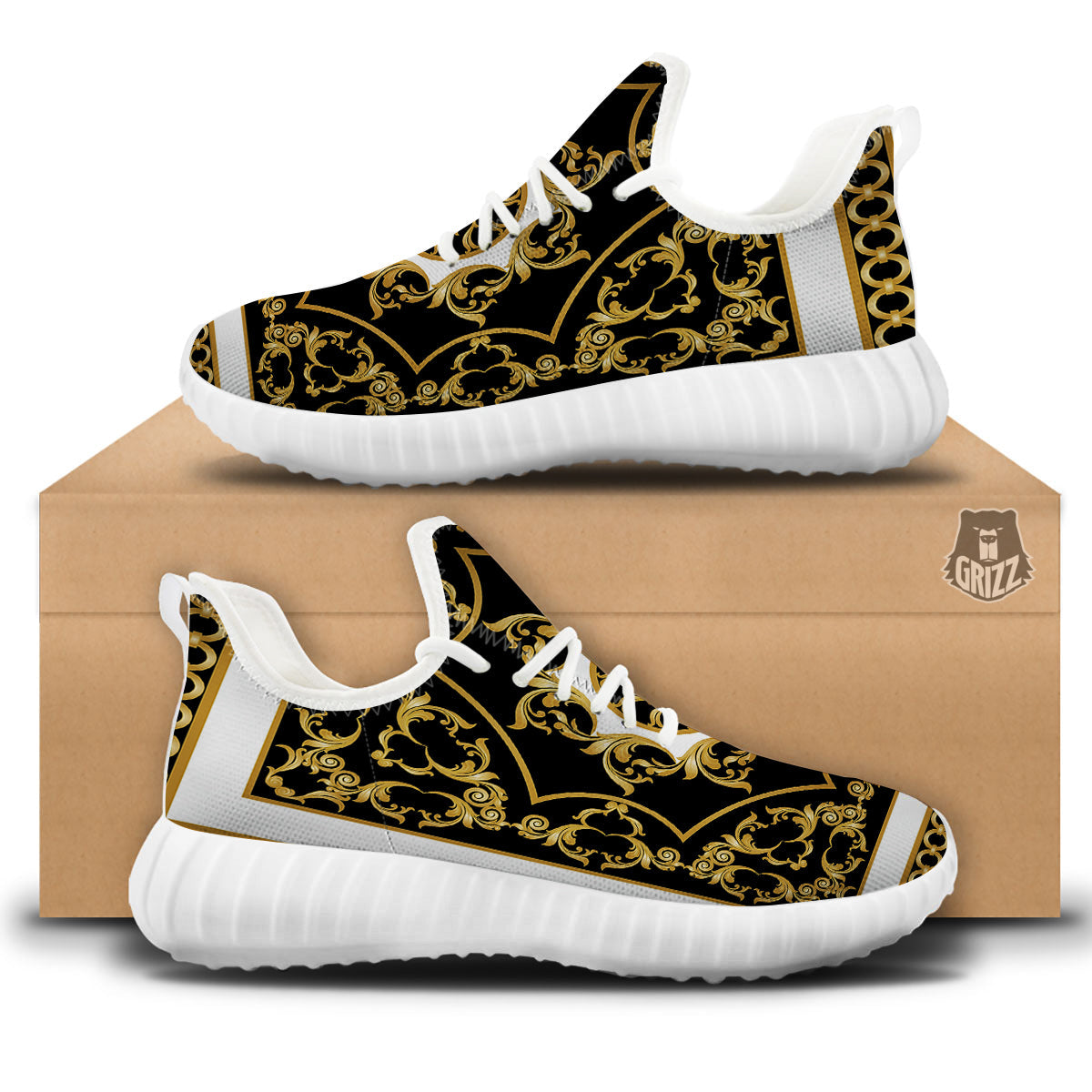 Golden Floral Baroque Black White Print White Walking Shoes-grizzshop