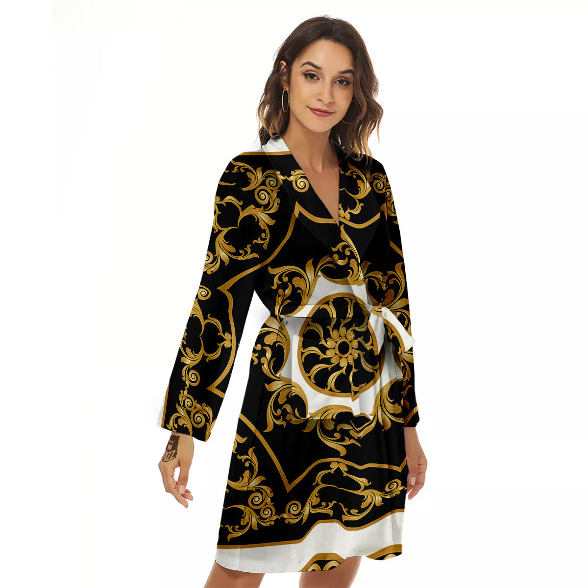 Golden Floral Baroque Black White Print Women's Robe-grizzshop