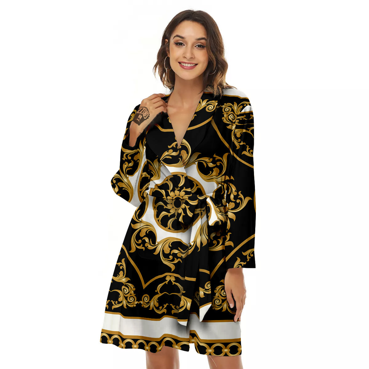 Golden Floral Baroque Black White Print Women's Robe-grizzshop