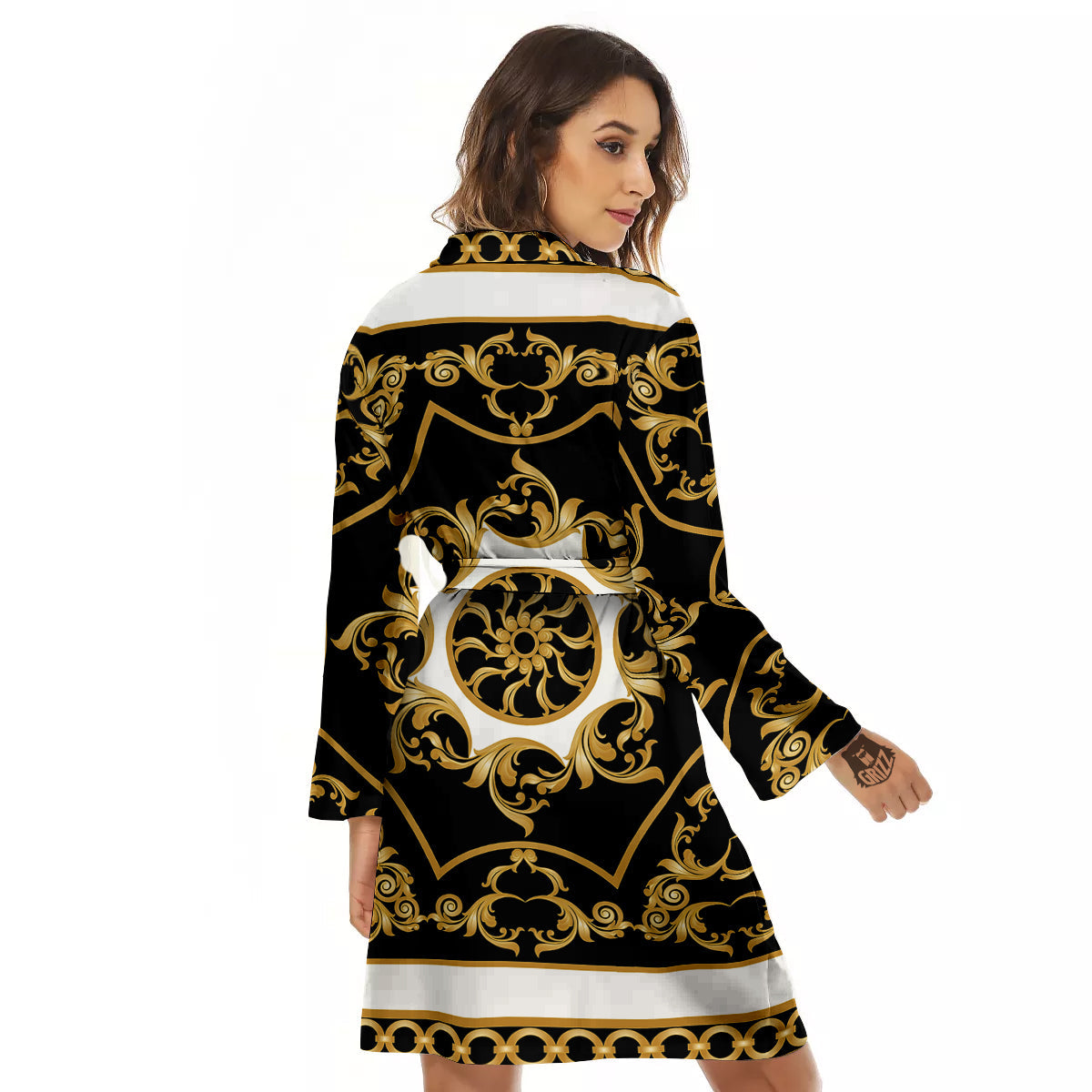 Golden Floral Baroque Black White Print Women's Robe-grizzshop