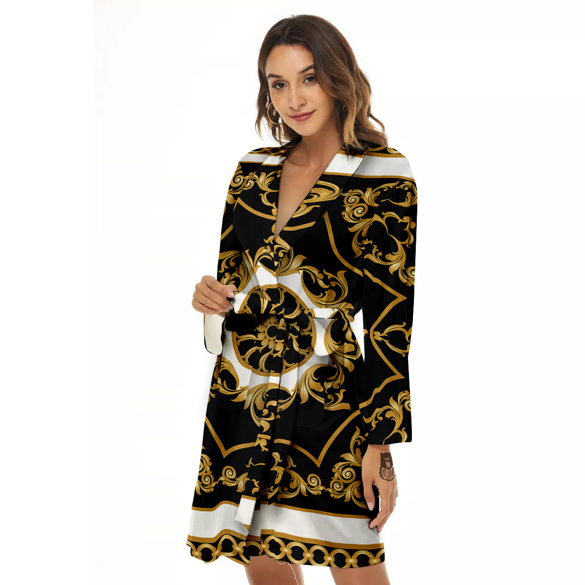 Golden Floral Baroque Black White Print Women's Robe-grizzshop