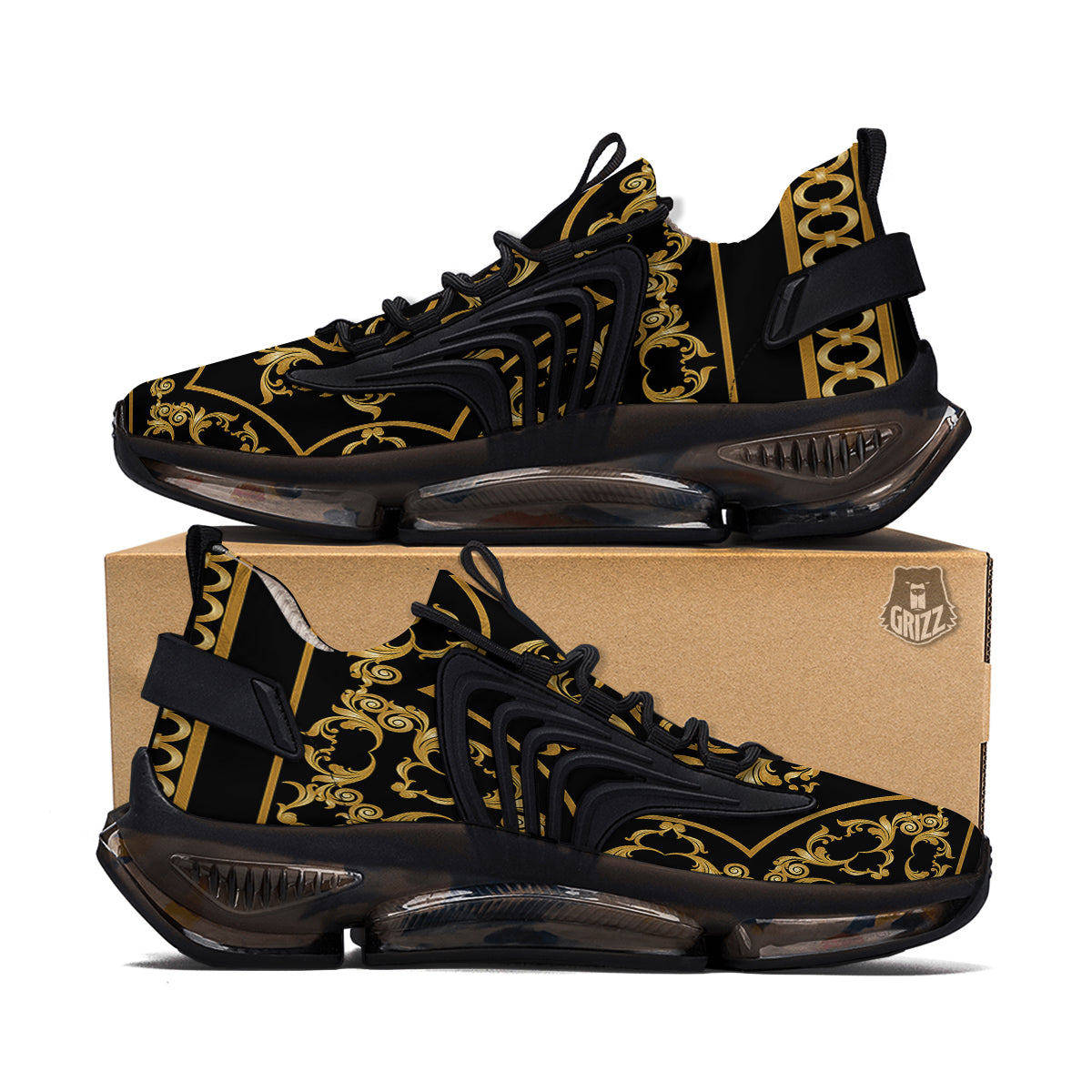 Golden Floral Baroque Print Black Gym Shoes-grizzshop
