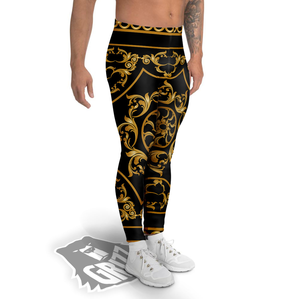 Golden Floral Baroque Print Men's Leggings-grizzshop