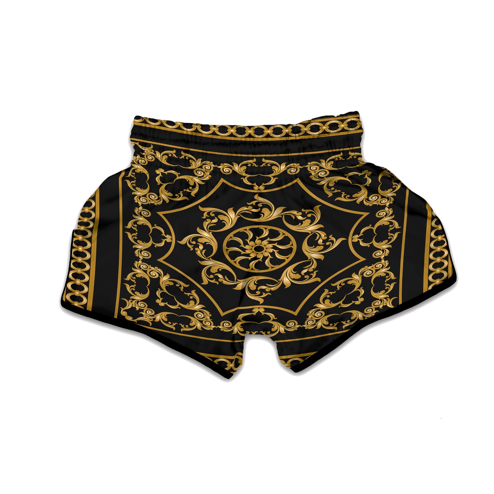 Golden Floral Baroque Print Muay Thai Boxing Shorts-grizzshop