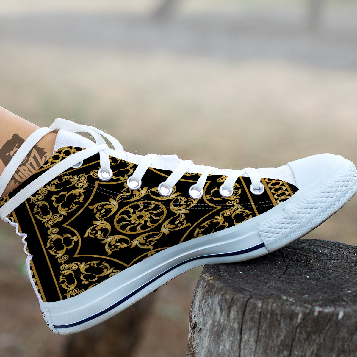 Golden Floral Baroque Print White High Top Shoes-grizzshop