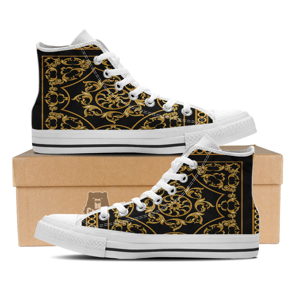Golden Floral Baroque Print White High Top Shoes-grizzshop